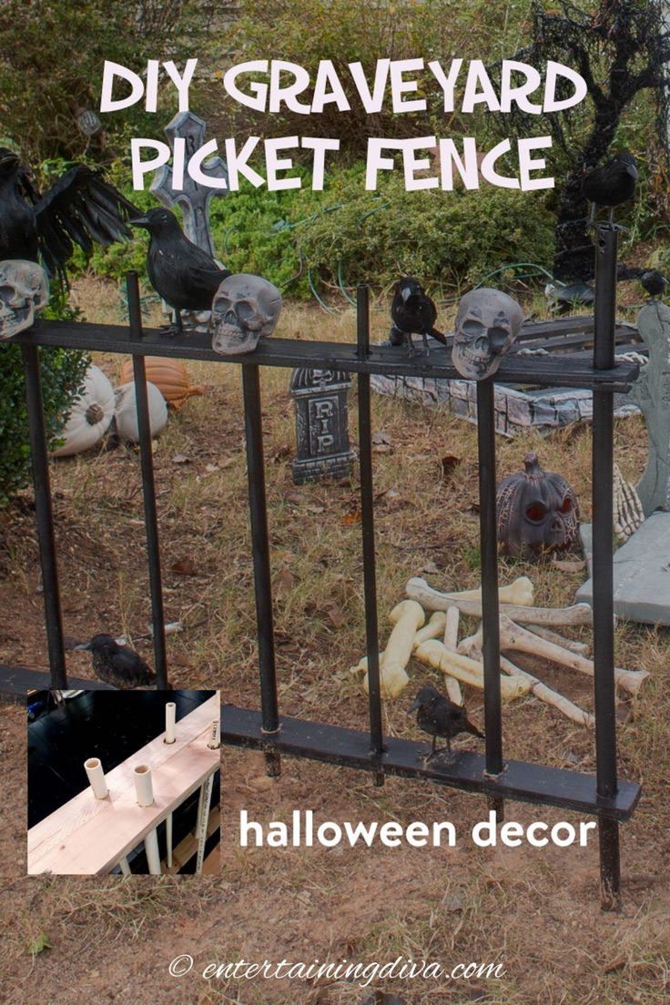 a graveyard fence with halloween decorations on it and the words diy graveyard picket fence