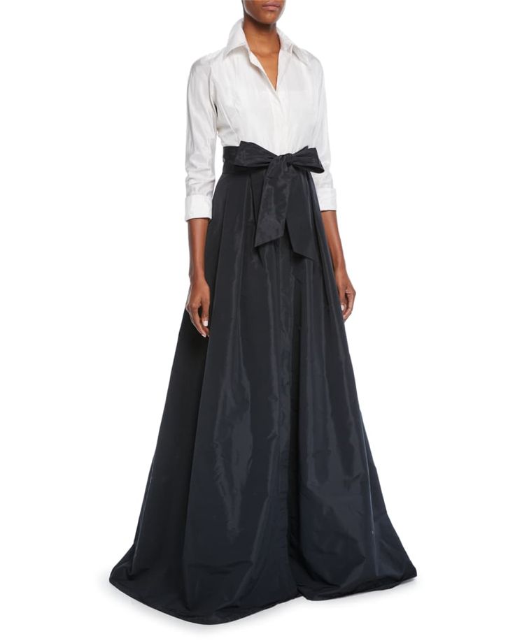 Rickie Freeman for Teri Jon Two-Tone 3/4-Sleeve Taffeta Shirtdress Gown | Neiman Marcus Elegante Y Chic, Teri Jon, Mother Of Groom Dresses, Long Sleeve Gown, Groom Dress, Designer Gowns, Shirtdress, Black Skirt, Mother Of The Bride Dresses