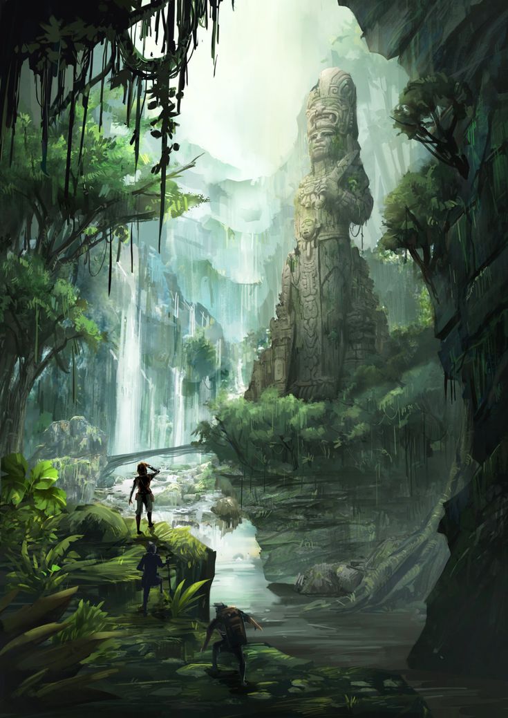 an artist's rendering of a man standing in front of a waterfall with a giant head