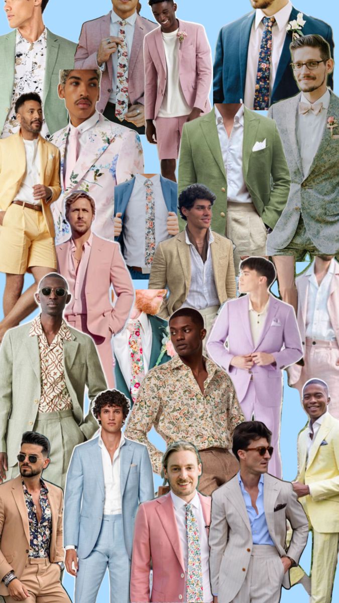 a collage of men's suits and ties in pastel colors, including pink