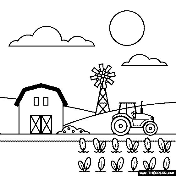 a farm scene with a tractor and windmill