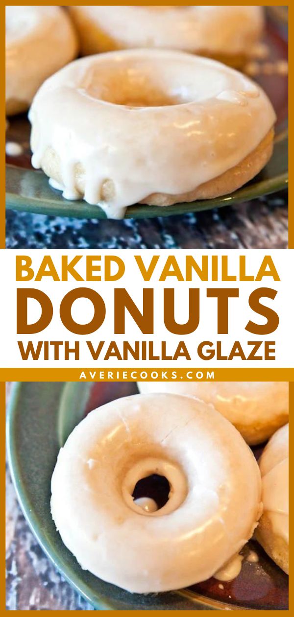 baked vanilla donuts with vanilla glaze are on plates and in the background there is an orange border