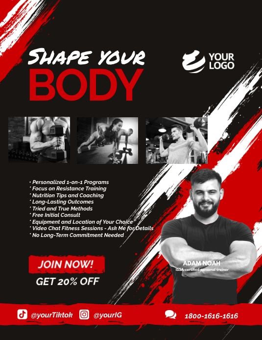 a flyer for a bodybuilding gym with an image of a man in black and red