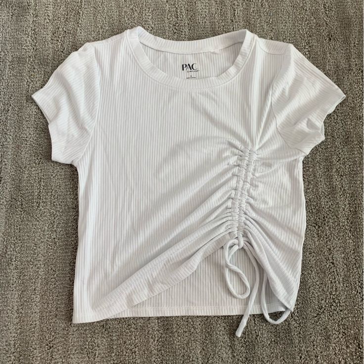 Pacsun White Tee With Ruched Detail - So Cute! Only Worn Once - Nwot And In Perfect Condition. Size S Summer Stretch Top With Drawstring, Summer Day Out Top With Drawstring, Summer Drawstring Tops For Day Out, Summer Top With Drawstring For Day Out, Summer Tops With Drawstring For Day Out, Casual Summer Tops With Ruched Detail, Casual Ruched Tops For Summer, White Drawstring Top For Summer, Stretch Drawstring Tops For Day Out