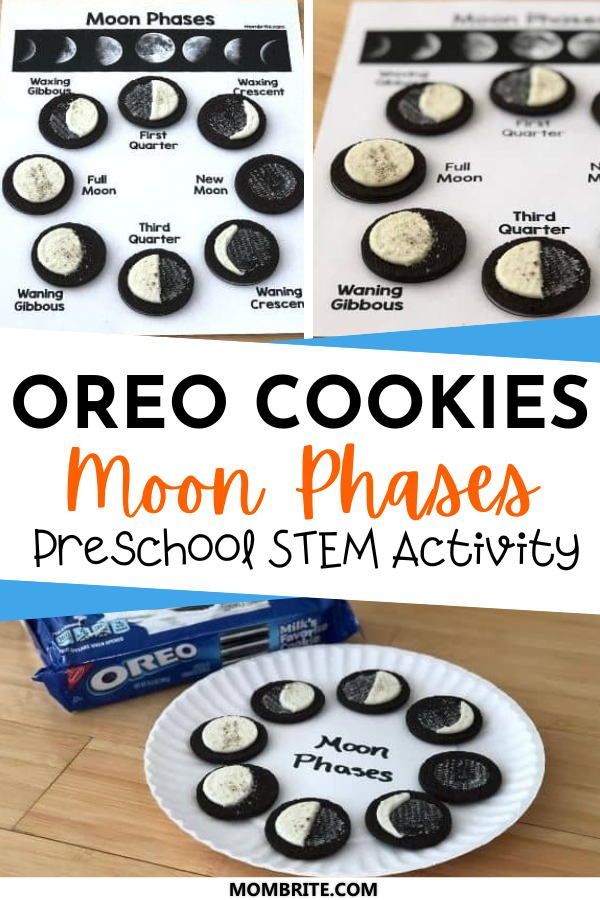 oreo cookies are shown on a paper plate with the words moon phases in them