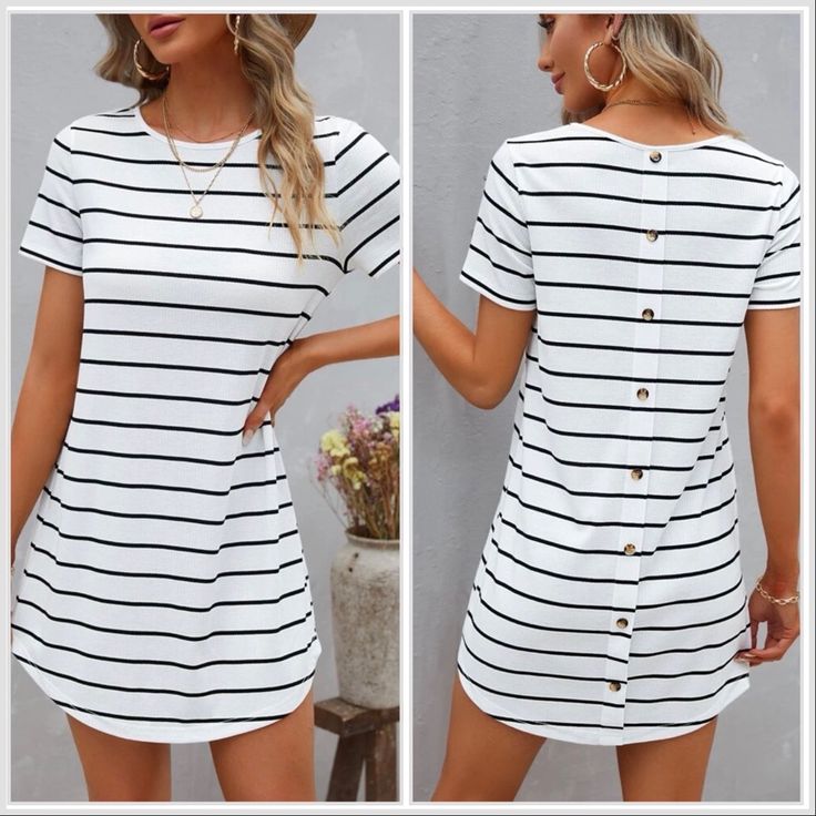 Striped Button Back Curved Hem Tee Dress Ships In 5-8 Days~ 93% Polyester, 7% Elastane Size Tags Are Letters Xs(2) S-(4) M-(6) L-(8/10) Xl-(12) 1xl-(14) 2xl-(16) 3xl-(18) 4xl-(20) Xl-(12) Search: Anthro Festival Preppy Casual Mumu Revolve Spell Reformation Puff Popular Swim Contemporary Layering Free People Cami Dress Top Events Lulu Vacation Beach Contemporary Anniversary Boat Weekend Pool Swim Night Out Visit My Boutique Summer Cotton Shirt Dress With Buttons, Casual White Shirt Dress With Buttons, Summer Short Sleeve Button Shirt Dress, Short Sleeve Mini Dress With Buttons For Summer, Summer Knee-length Buttoned Shirt Dress, Summer Knee-length Shirt Dress With Buttons, Summer Mini Dress With Buttons And Short Sleeves, Casual Short Sleeve Shirt Dress With Buttons, Fitted Button-up Summer Shirt Dress