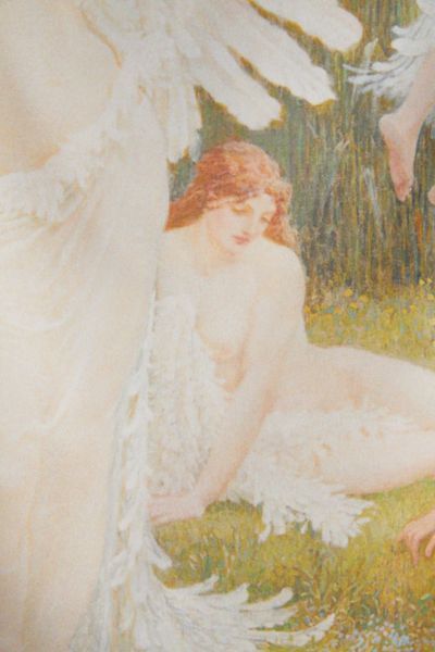 a painting of two women sitting in the grass with white wings on their back and one woman standing over her head