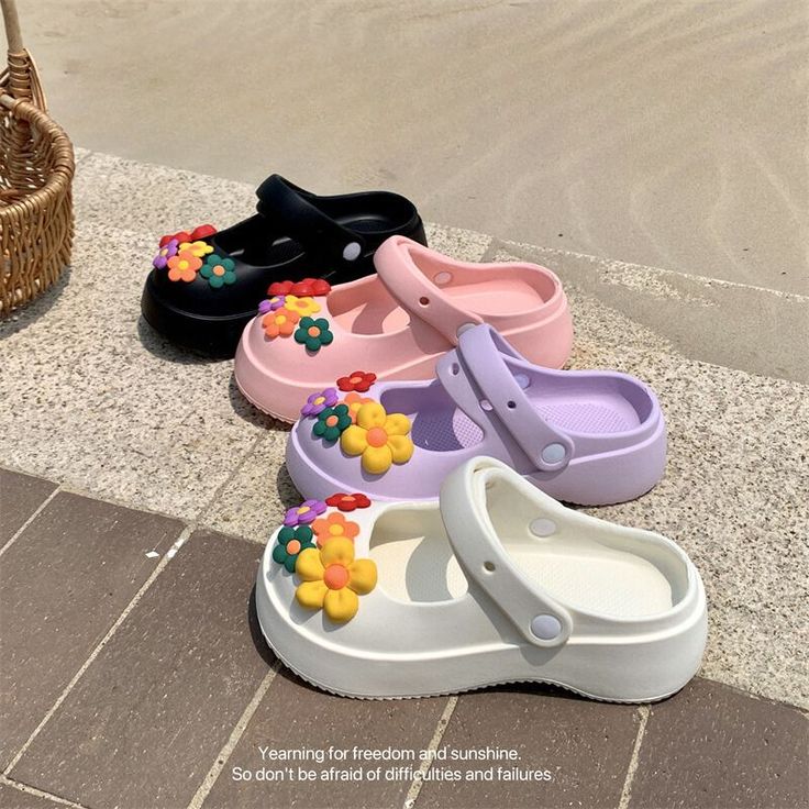 Material: EVAFeatures: Slides, solid color, cute little flower design, slip-on, unisex, Style: Casual, college Reminder: Size runs one size small. Cute Slip-on Plastic Clogs, Fun Non-slip Synthetic Slides, Kawaii Non-slip Slippers With Round Toe, Cute Non-slip Plastic Clogs, Playful Pink Non-slip Slippers, Garden Clogs, Costume Bags, Outwear Coat, Floral Sweater