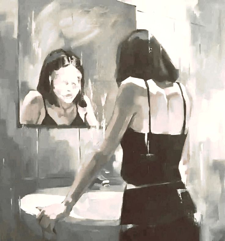 a painting of a woman brushing her teeth in front of a mirror with the reflection of herself