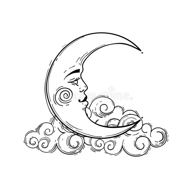 a drawing of the moon with clouds and a face on it royalty illustration for coloring