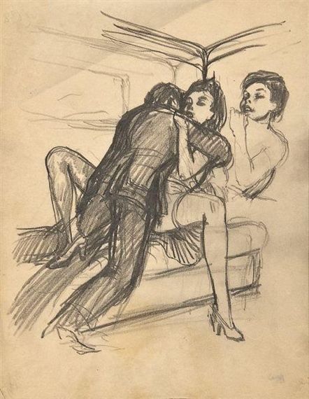 an old drawing of two people sitting on a couch and one is hugging the other