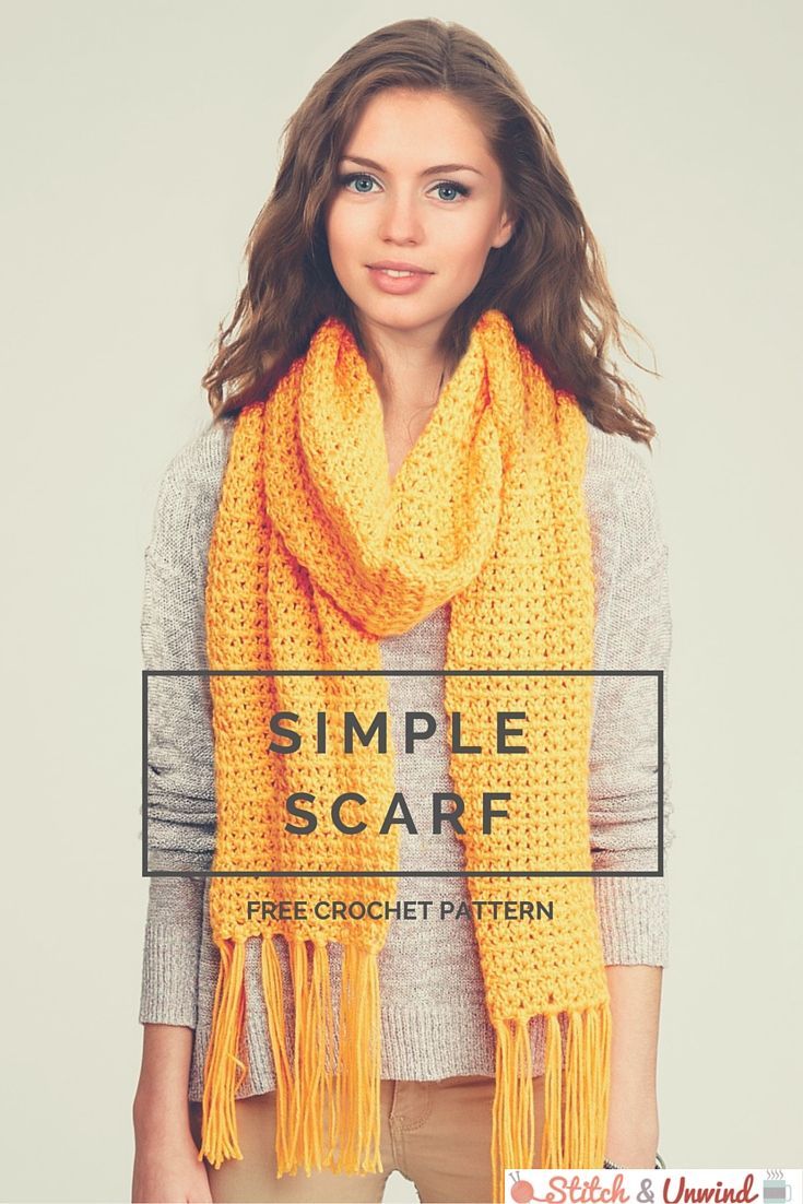 a woman wearing a yellow scarf with the text simple scarf free crochet pattern