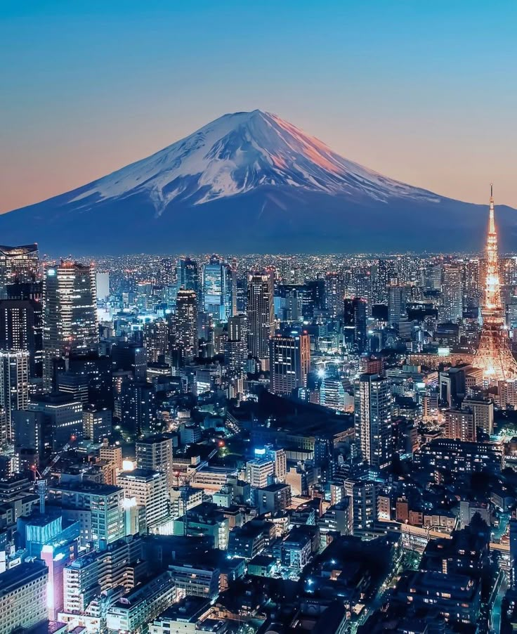 the cityscape is lit up at night, with a mountain in the background