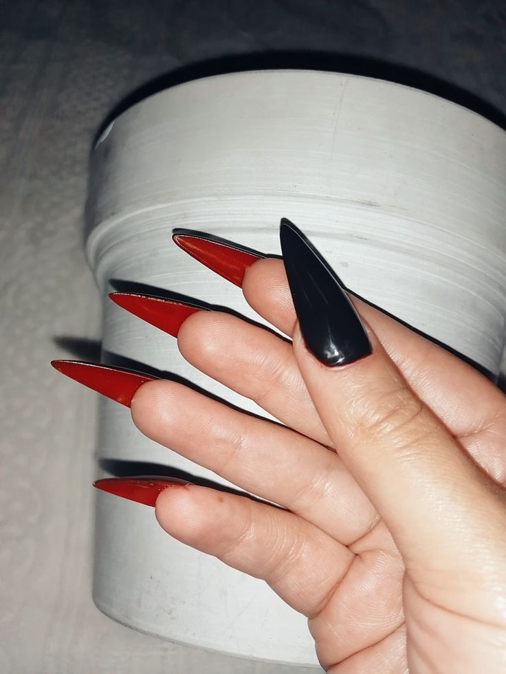 Black On Top Red Underneath Nails, Black Nails With Red Bottoms Almond, Black And Red Under Nails, Red Underneath Nails, Black Nails With Red Underneath, Black Nails Red Bottoms, Black And Red Almond Nails, Black Red Bottom Nails, Black Nails With Red Bottoms