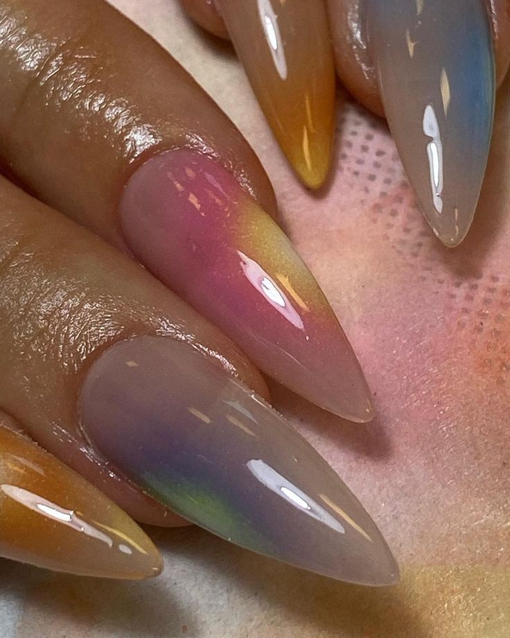 Colourful Aura Nails, Aura Stiletto Nails, Aura And Chrome Nails, Glazed Aura Nails, Soft Aura Nails, Multicolor Aura Nails, Aura Nails Stiletto, Stiletto Aura Nails, Aura French Nails