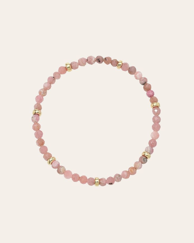 This 14K Gold Rhodochrosite Bracelet is segmented with 7 golden beads and textured pink stones, a combo that's sure to get hearts racing! This powerful combo is said stimulate love and passion while energizing the soul. Made in L.A. Stretch Fit Rhodochrosite Beads: Approx. 4mm Total Weight: Approx. 4g Ships in 6-9 business days Rush order ships in 3-5 business days Comes carefully packaged in a branded Zoe Lev protective sleeve. This item is Final Sale. See here for details. Rhodochrosite Bracelet, Pink Rhodochrosite, Golden Beads, Pink Stones, Jasper Bracelet, Pink Stone, Text Color, Bead Bracelet, Arm Band