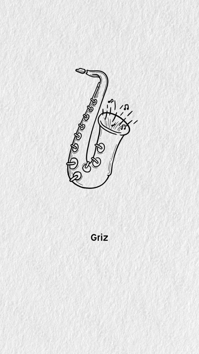 a drawing of a saxophone on paper with the words giz written in black ink