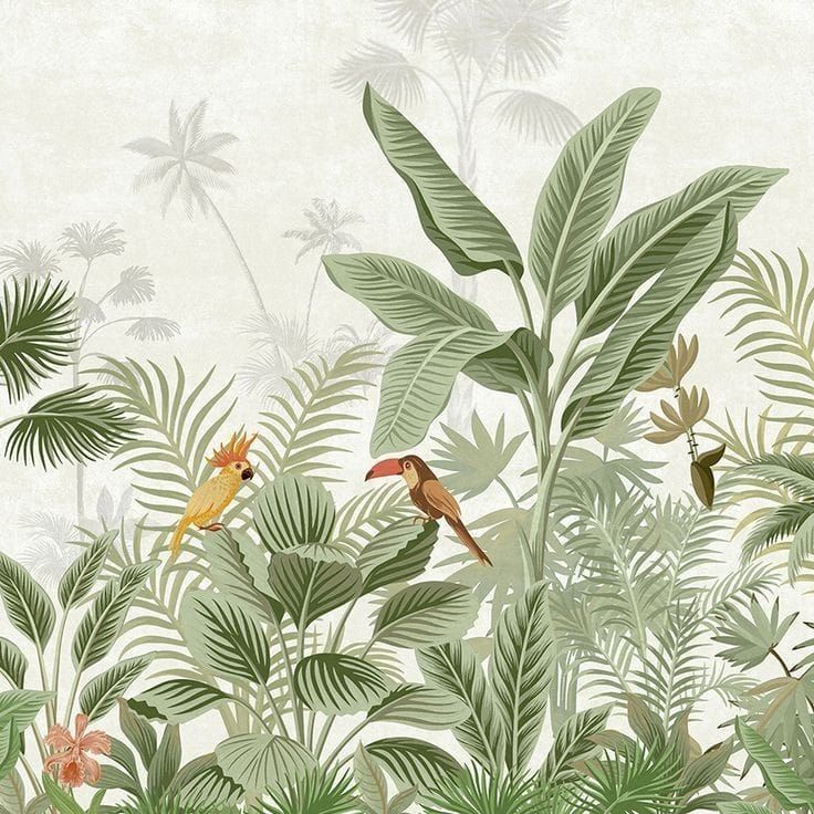 birds and tropical plants are featured in this wallpaper design by sanders & griffer