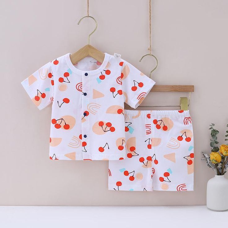 Baby Boy Cherry Print Pajama Top & Shorts - PrettyKid Summer Sets With Cartoon Print And Shorts, Cartoon Print Cotton Short Sets, Cotton Cartoon Print Short Sets, Red Cotton Short Sets, Family Matching Multicolor Cotton Sets, Multicolor Cotton Family Matching Sets, Red Short Sets For Spring, Orange Cotton Playtime Sets, Cute Red Cotton Sleepwear