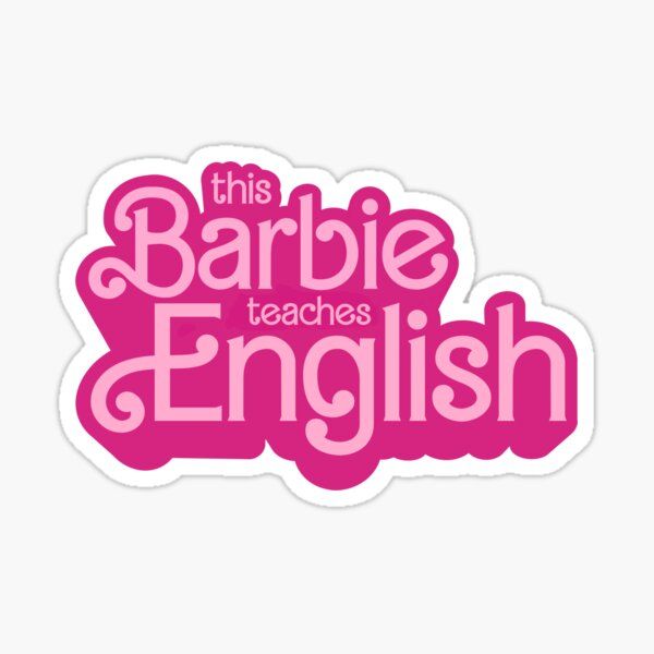 this barbie teaches english sticker is pink and says,'this barbie teaches english '