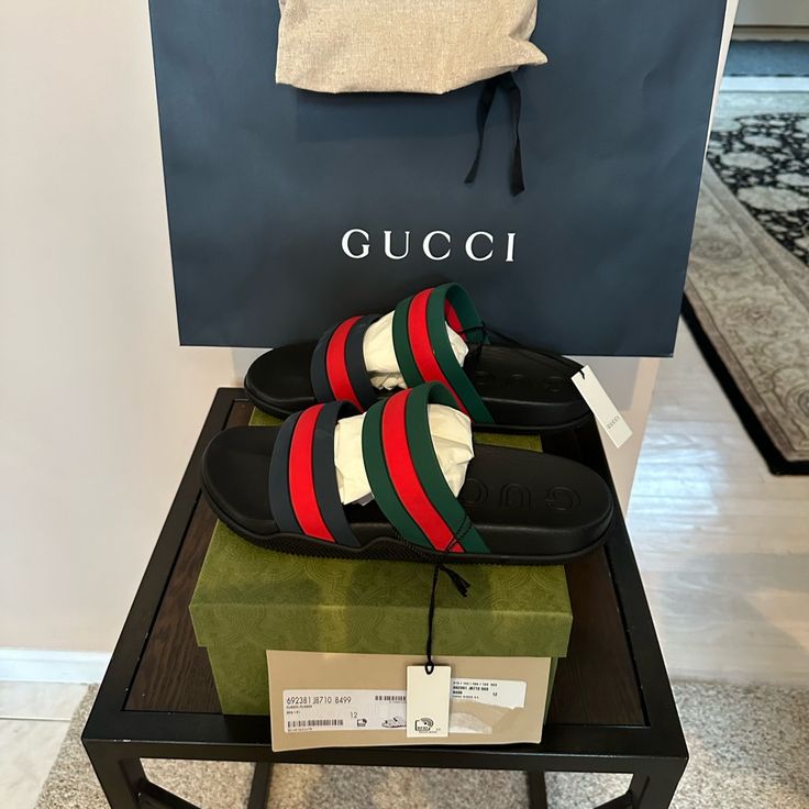 Gucci Men Double Strap Slide Sandal Brand New Includes Dust Bags And Shopping Bag Men’s Size 12 Original Price $595 Designer Gucci Sandals With Cushioned Footbed, Gucci Casual Sandals With Cushioned Footbed, Designer Gucci Slides, Casual Gucci Sandals With Cushioned Footbed, Designer Slides With Cushioned Footbed, Casual Gucci Slides For The Beach, Gucci Leather Slides For Summer, Gucci Designer Leather Slides, Casual Gucci Leather Sandals