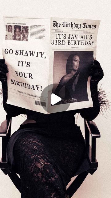 a woman sitting in a chair with a newspaper on her head reading the birthday times