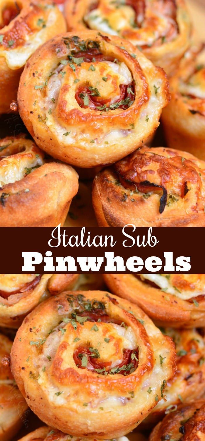 several different types of pizzas with the words italian sub pinwheels