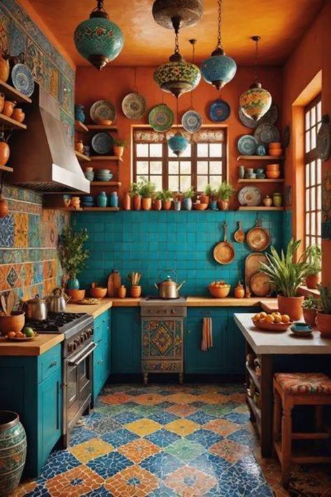 a kitchen with blue and orange tiles on the walls