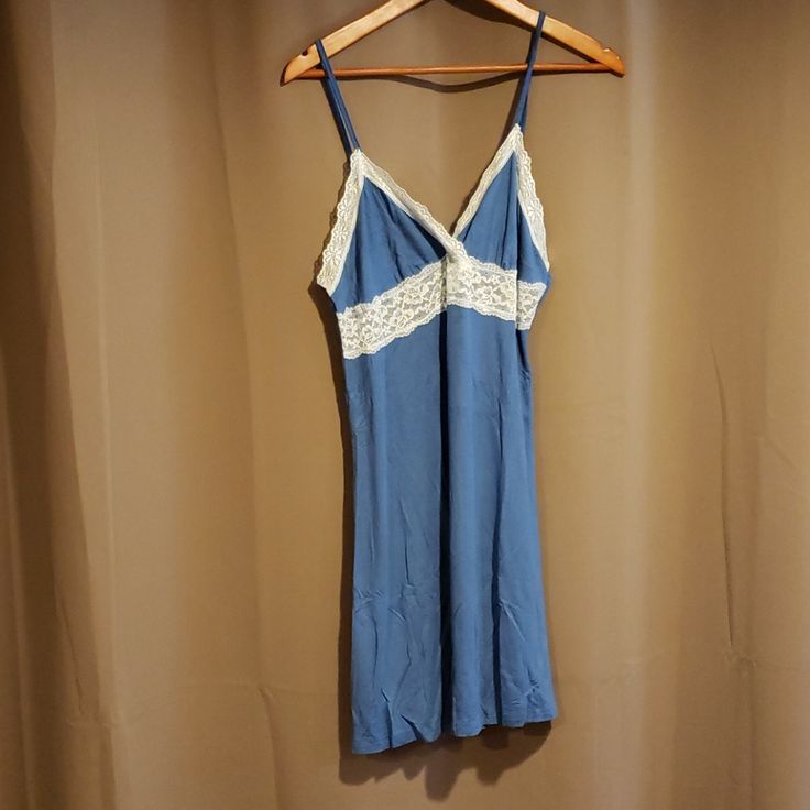 Nightgown Full Slip Lace Lounge Dress 24 Inches In The Back Beautiful Blue Color Blue Camisole Dress For Loungewear, Blue Cami Sleepwear For Lounging, Blue Cami Sleepwear For Loungewear, Blue Cami Sleepwear, Light Blue Lace Trim Sleepwear, Blue V-neck Camisole For Loungewear, Blue Cotton Camisole Sleepwear, Blue V-neck Nightgown For Sleep, Blue V-neck Sleepwear For Sleepover