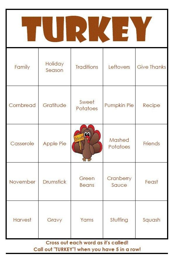 a printable thanksgiving turkey game with words and pictures on the front, in brown