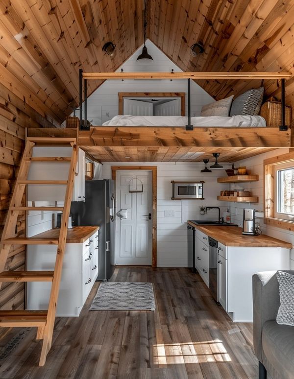 the interior of a tiny cabin with wood flooring and stairs leading up to the loft