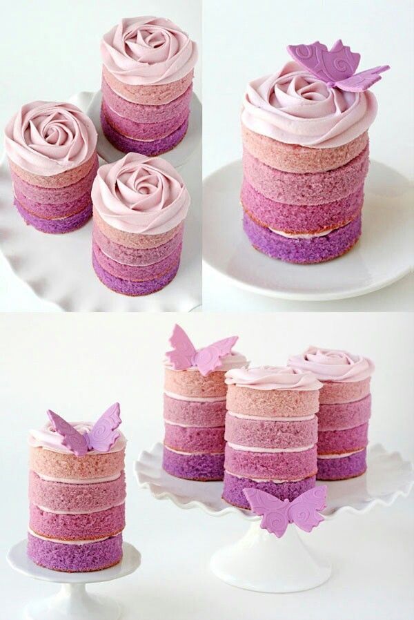 there are many different cakes with pink frosting on the top and one is decorated with butterflies