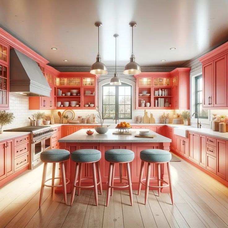 a kitchen with red cabinets and stools next to an island in the middle of the room