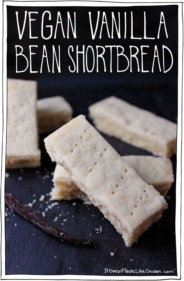 vegan vanilla bean shortbreads on a black slate board with text overlay