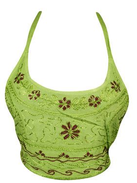 Women Crop Top Summer Green Halter Top Dress S Outfit For Vacation, Boho Tops Summer, Green Halter Top, Beach Crop Tops, Crop Top Summer, Women Crop Top, Halter Blouse, Embroidered Crop Tops, Spaghetti Strap Crop Top