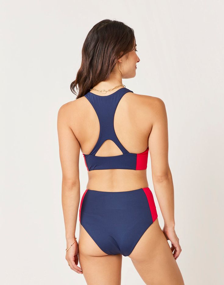 The retro-inspired Erin sits high on your waistline with moderate coverage in the back, an incredibly flattering shape. Now in a sporty-meets-sophisticated colorblocked design. Carved Designs, Retro Inspired, Upf 50, Fern, Color Blocking, One Piece, Navy, Red, Design