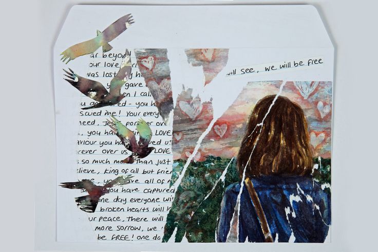 a collage of birds flying over a woman's head with words written on it