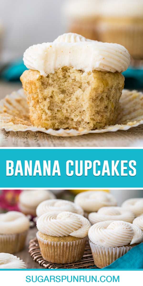 banana cupcakes with cream cheese frosting on top and the title above it