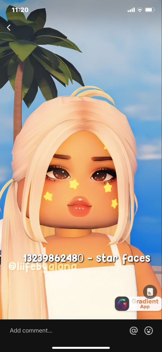 a girl with blonde hair and yellow stars on her face, next to a palm tree