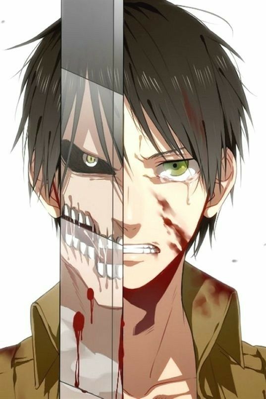 an anime character with green eyes and blood on his face, holding a knife in front of him