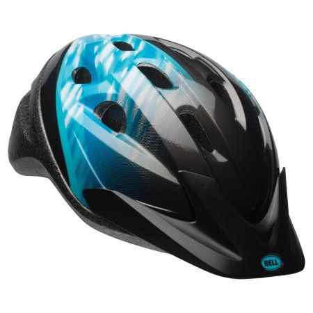 the helmet is blue and black with white designs on it's face, while the visor has been partially closed