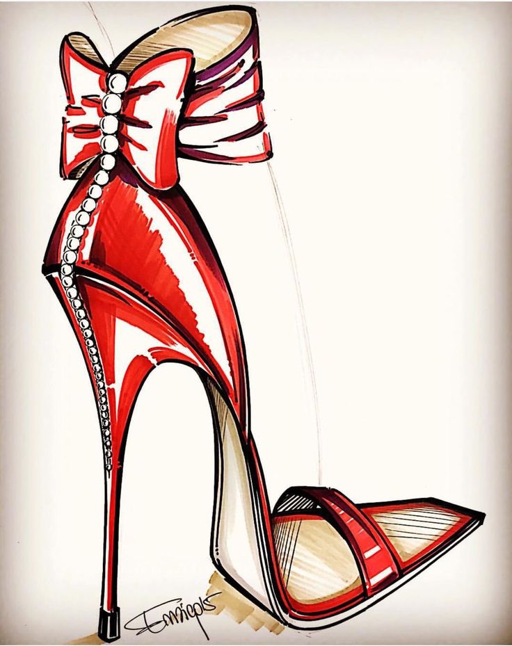 a drawing of a red high heeled shoe with a bow on the front and side