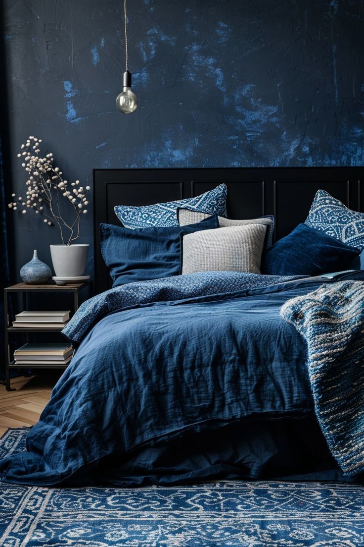 14 Black and Blue Bedrooms for a Modern Look! - My Decor Inspo Deep Blue Bedding, Bed Rooms Design Modern Luxury, Blue Kitchen Interior, Pottery Barn Hacks, Fall Bedroom Ideas, Dark Boho Living Room, Cozy Eclectic, Blue Bedrooms, Black White Bedrooms