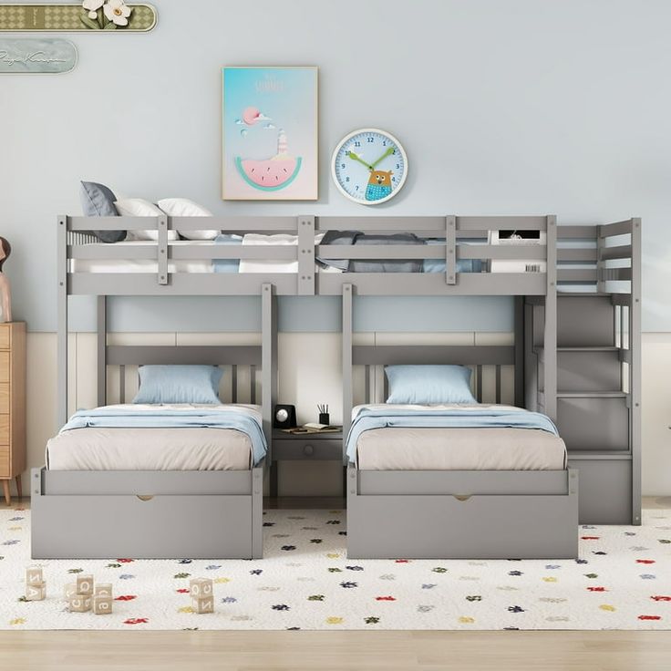 Bellemave Triple Bunk Bed for 3, Wood Full over Twin & Twin Bunk Bed with Stairs and Storage Drawers, Triple Bunk Bed for Kids/Teens/Adults (Grey) - Walmart.com 3 People Bedroom, 3 Beds One Room Kids, 3 Bed In One Room Ideas, Bunk Beds For 3, Stairs And Storage, Kids Triple Bunk Beds, Beds With Stairs, Beds Frame, Bunk Beds Small Room