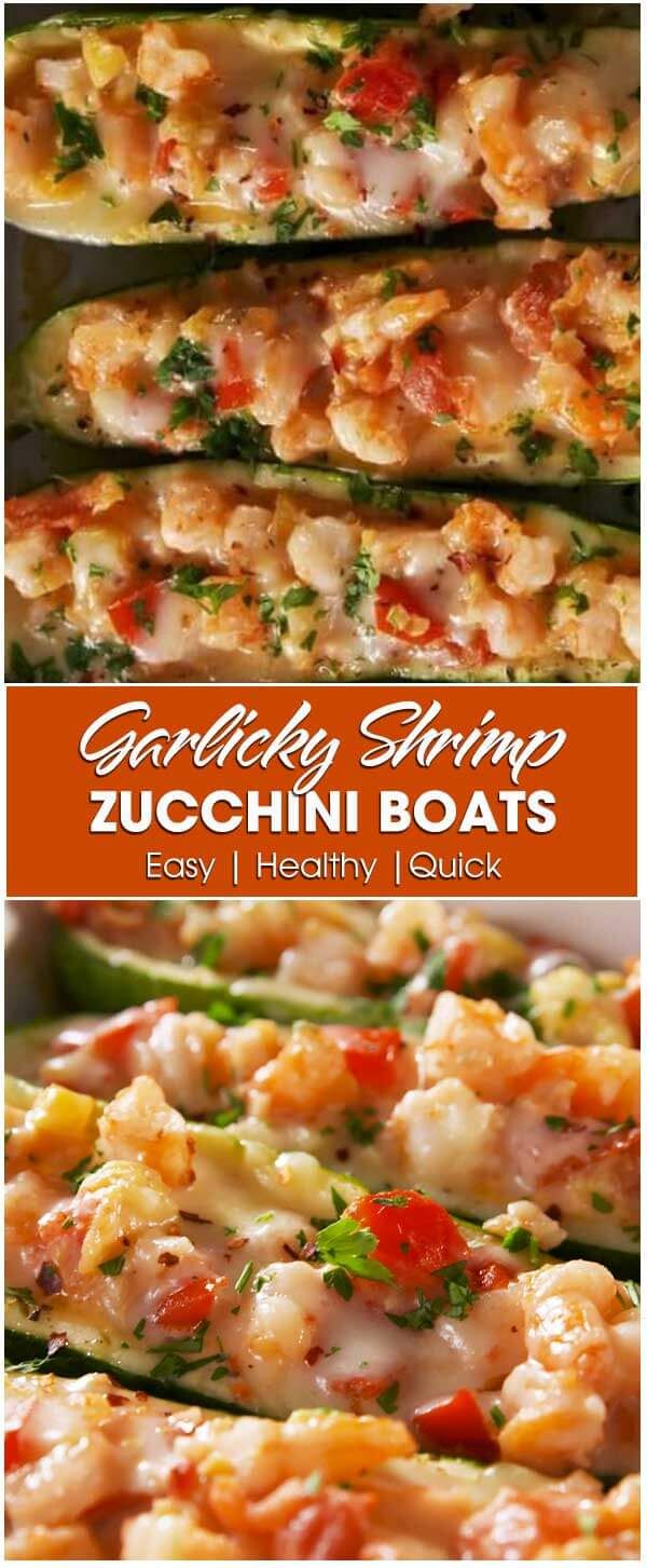 zucchini boats are loaded with shrimp and vegetables