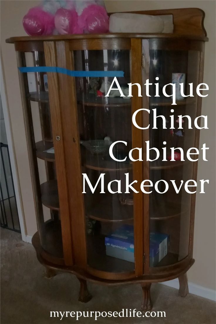 antique china cabinet makeover with text overlay