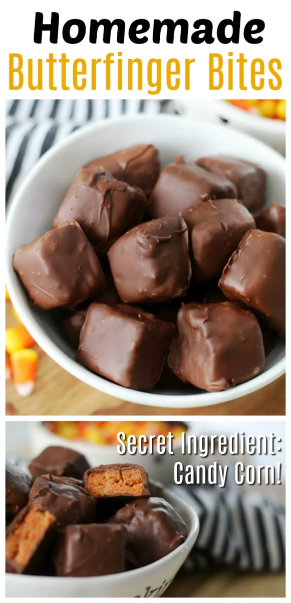 homemade butterfingered bites in a white bowl on a wooden table with text overlay