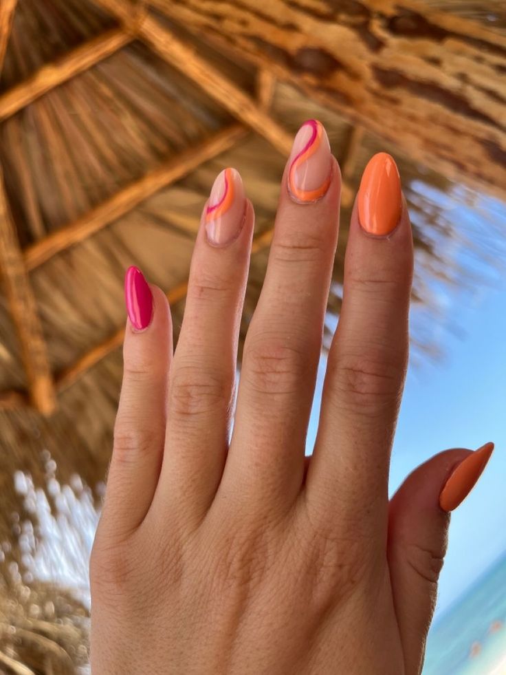 Retro Nails Simple, Vacation Simple Nails, Nail Color For Beach Vacation Summer, Summer Pink And Orange Nails, Tequila Sunrise Nails, Orange Pink Nails Summer, Nails For Mexico, Bali Nails, Arizona Nails