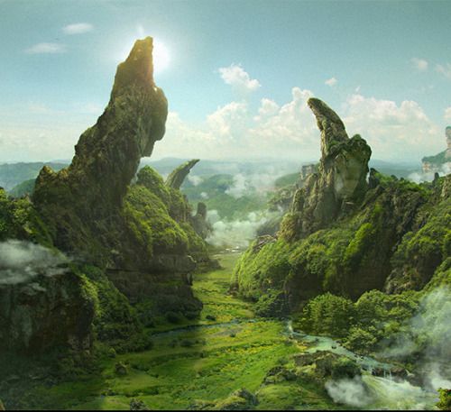 an artist's rendering of a fantasy landscape with mountains and fog in the foreground