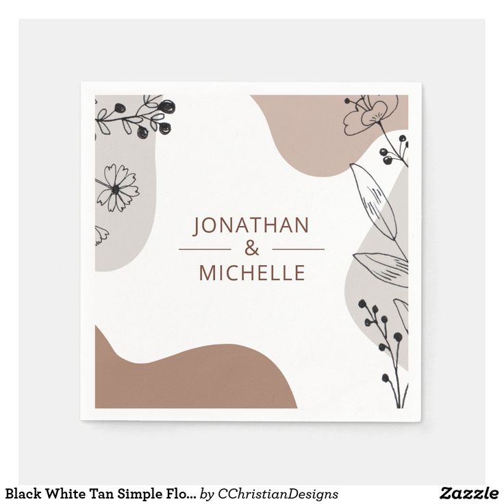 a wedding card with an abstract floral design on it, and the words black white tan simple